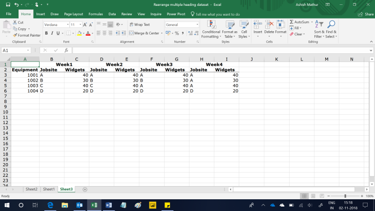 Rearrange a multi heading dataset into a single heading one which is ...